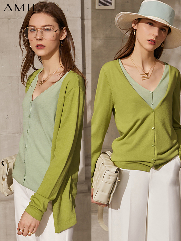 复制复制dan Amii Minimalism Spring New Cardigan For Women Fashion Vneck Patchwork Single Breasted Women's Sweaters Tops 12140131