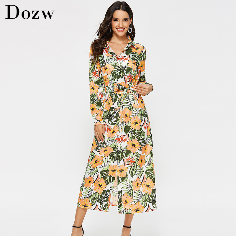 Dress Women Vintage Floral Print Casual Turn Down Collar Shirt Dress Long Sleeve Elegant Sashes Office Dresses Autumn Long Dress