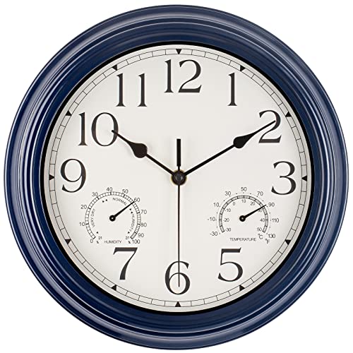 Wall Clocks for Living Room Decor, Small Wall Clocks Battery Operated, Modern Kitchen Wall Clock with Thermometer Combo, Silent Rustic Vintage Wall Clock for Bathroom/Bedroom/Office, 12 inch-Navy Blue