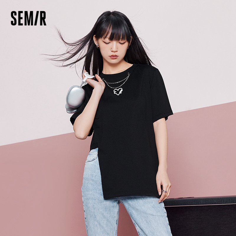 目目 five SEMIR Short-Sleeved T-Shirt Women Love Irregular Show Legs Long Sweet And Cool 2022 Summer New Loose Embroidery Top Niche