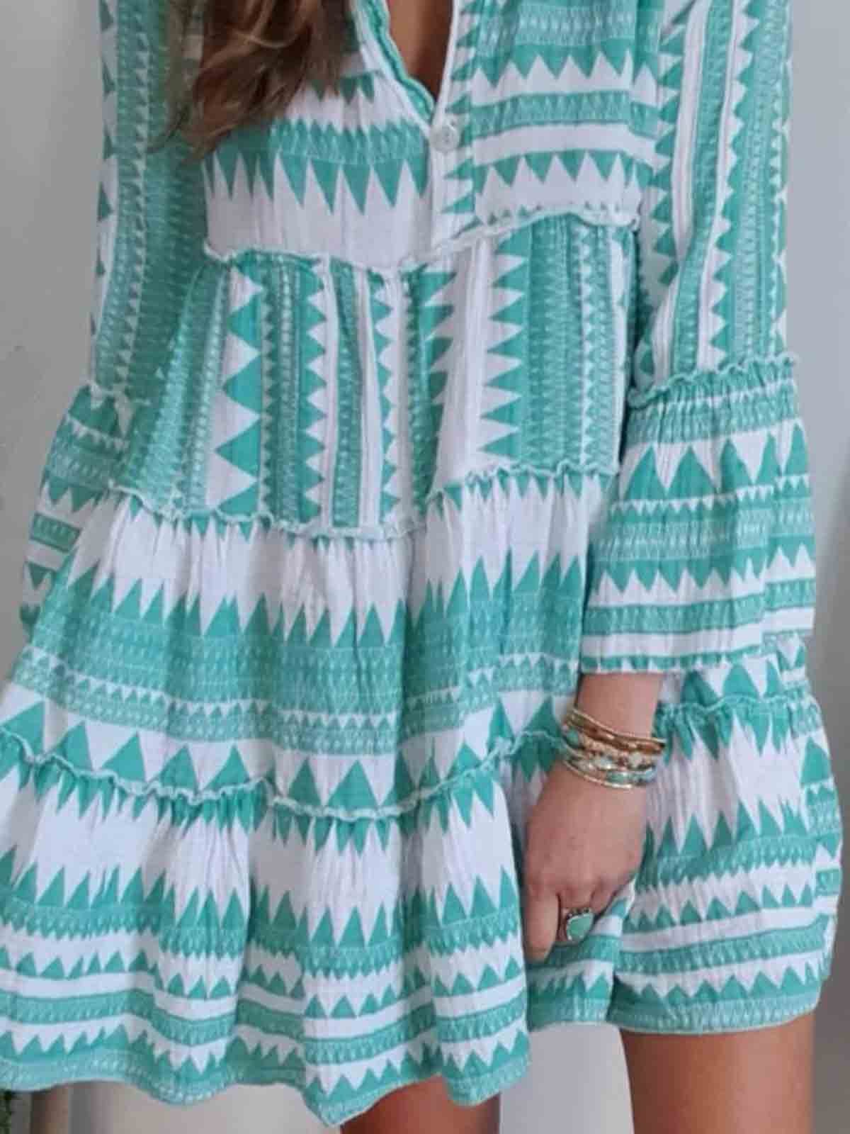 Green Cotton Long Sleeve Tribal Dresses