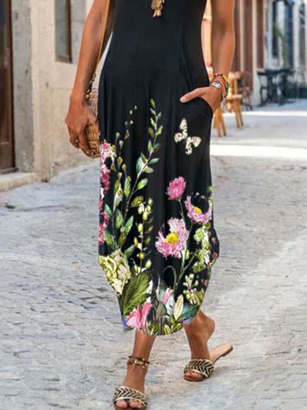 Cotton-Blend Short Sleeve Crew Neck Floral-Print Dresses