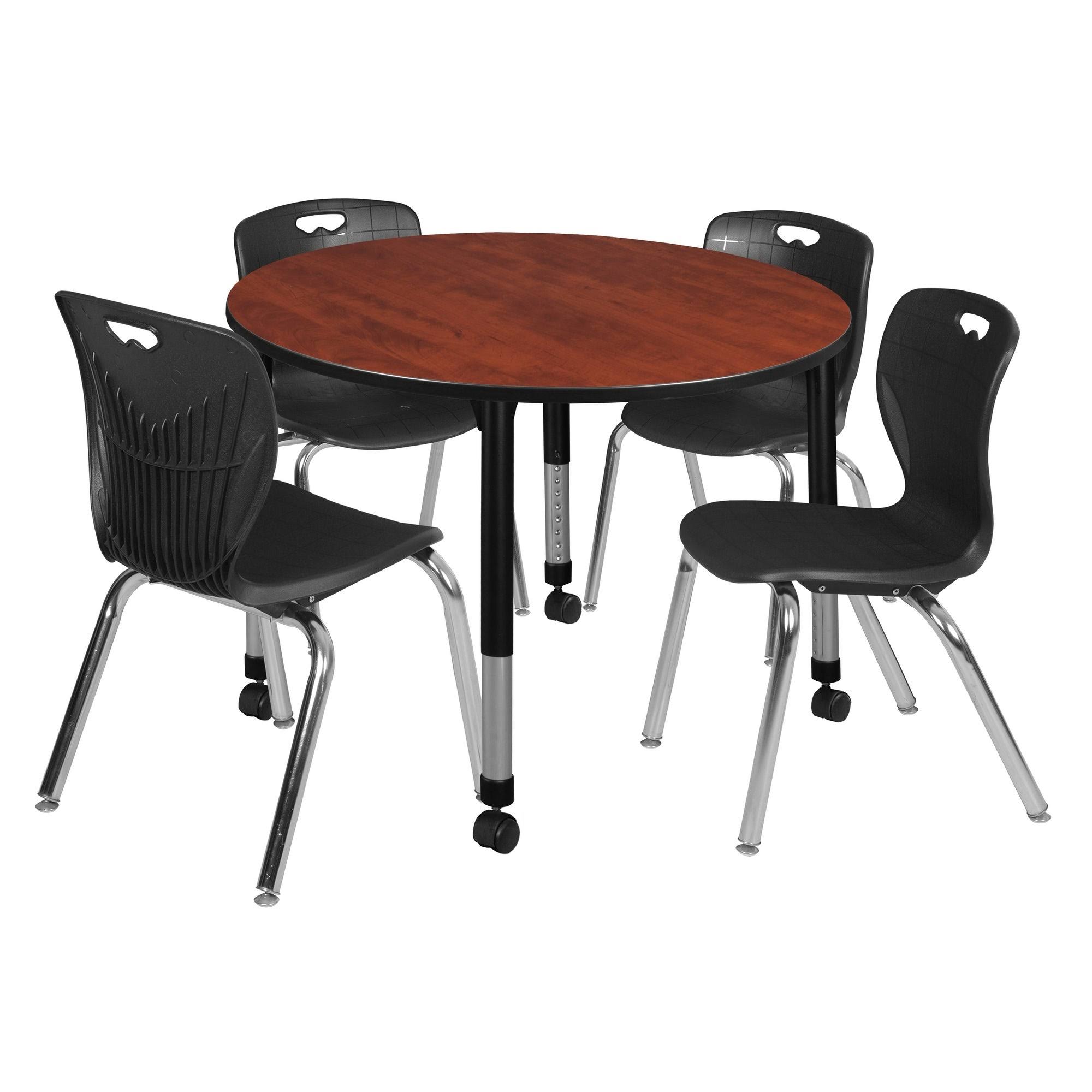 Regency Kee 48x22 Round Height Adjustable Classroom Table - Cherry 4 Andy 18-in Stack Chairs- Black