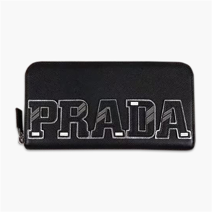 【原版皮】普拉达/Prada 拉链钱夹，选用十字纹小牛皮裁制而成，绗缝特别的皮革徽标设计凸显个性，时尚炫酷，就是要你好看，款号：2ML317
