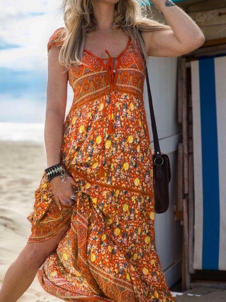 V Neck Boho Floral-Print Dresses