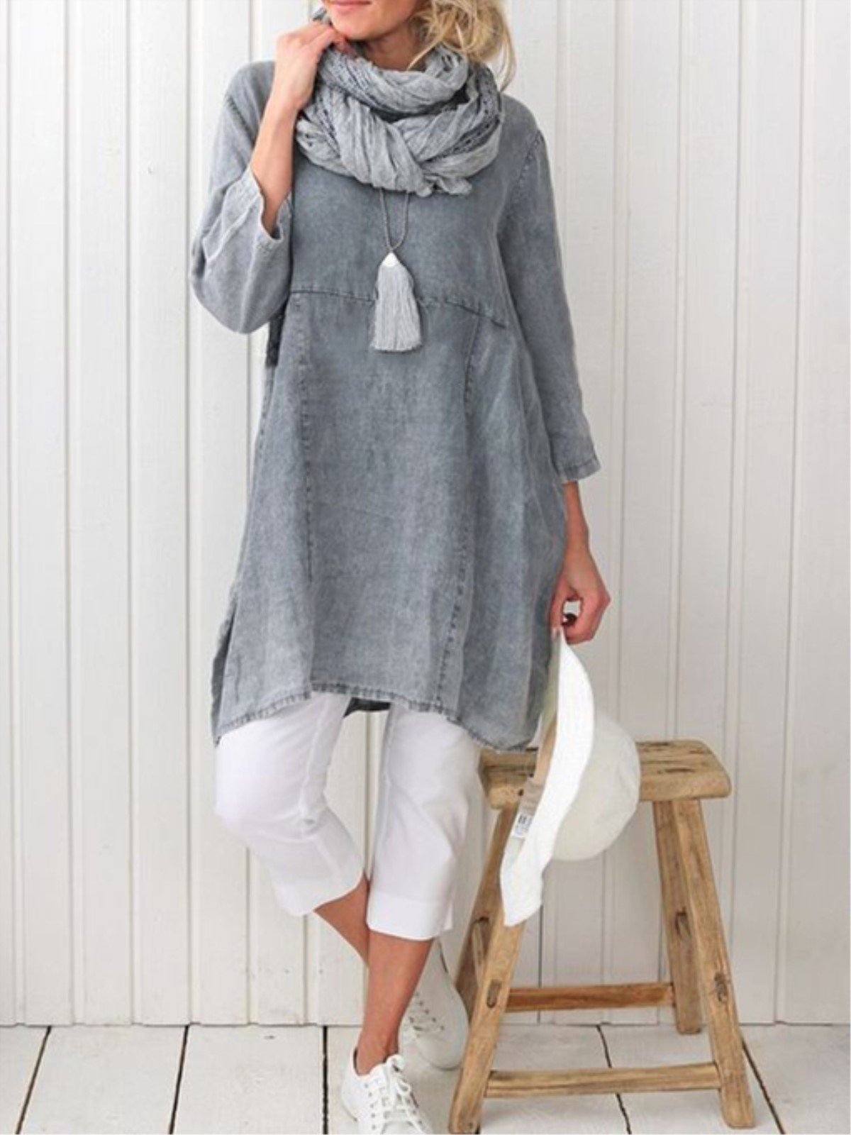 Plus Size Casual Plain Long Sleeve Linen Dress