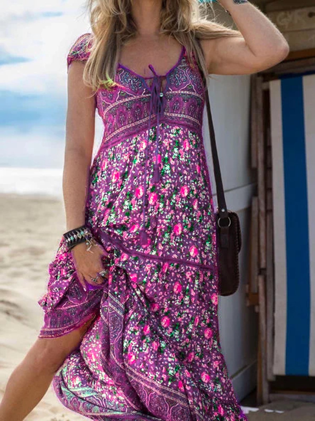V Neck Boho Floral-Print Dresses