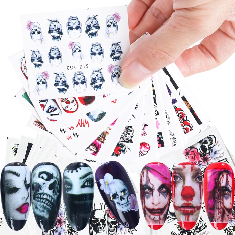 25 sheets Halloween New Nail Art Sticker Flower Bone Lips Eyes Tattoo Horror Design Decals