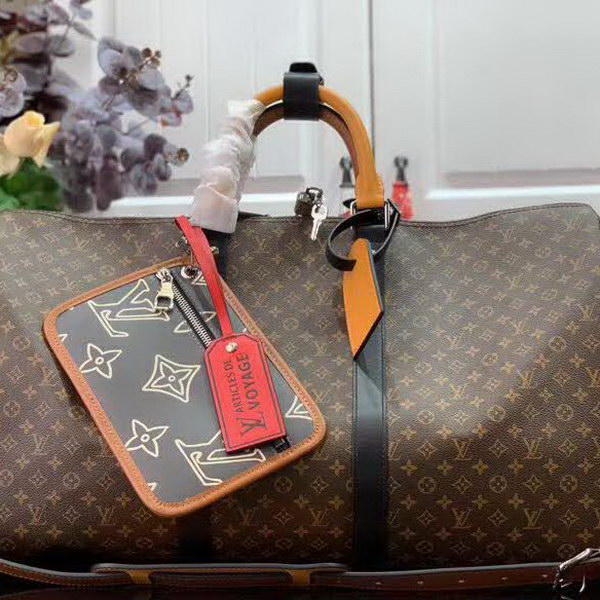 【原版皮】路易威登/LV Keepall 50旅行袋，Monogram Eclipse帆布包身搭配卷标和点缀Monogram图案的可拆卸拉链袋，机舱行李尺寸，内含充裕空间，与绅士优雅随行，款号：M56855
