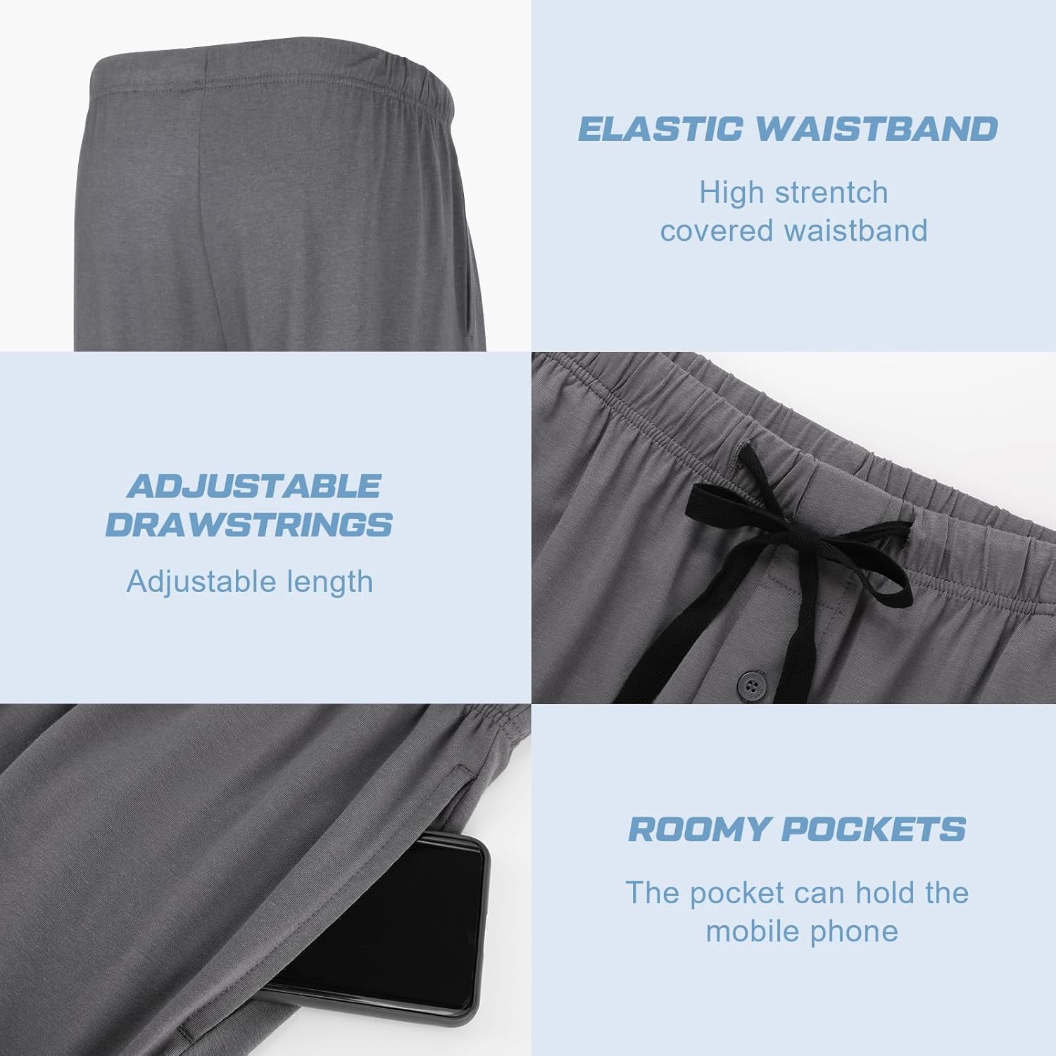 BAMBOO COOL Mens Pajama Pants Sleep Lounge Bottoms Soft Comfy Pj Pant Sleepwear with Pockets 2 Pack