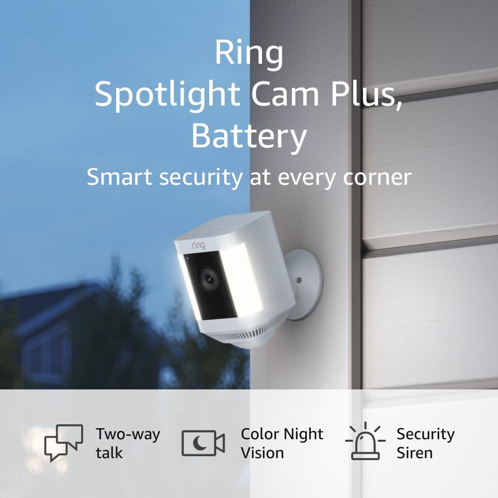 Ring Spotlight Cam Plus, Battery | Two-Way Talk, Color Night Vision, and Security Siren (2022 release) - White