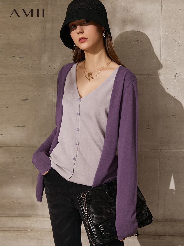 复制复制dan Amii Minimalism Spring New Cardigan For Women Fashion Vneck Patchwork Single Breasted Women's Sweaters Tops 12140131