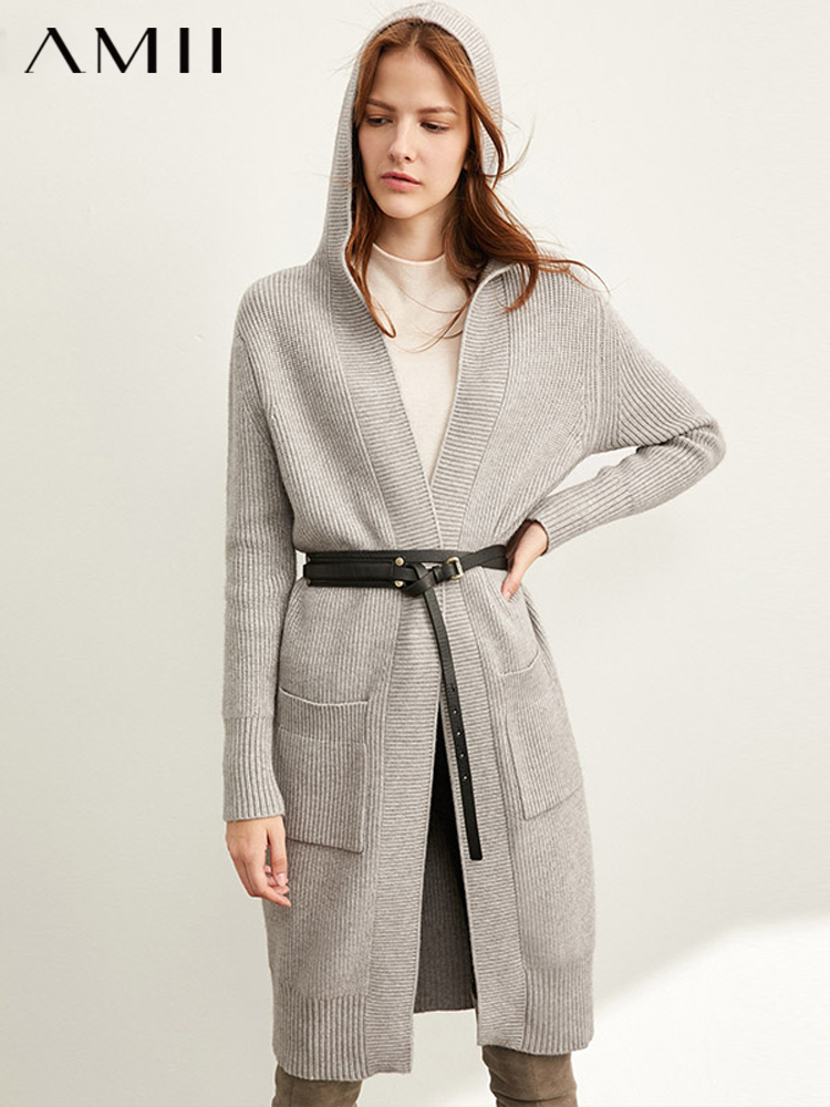 Amii Minimalism Spring Lazy Sweater Coat Women Fashion New Loose Hat Long Knitted Female Cardigan Tops  11940475