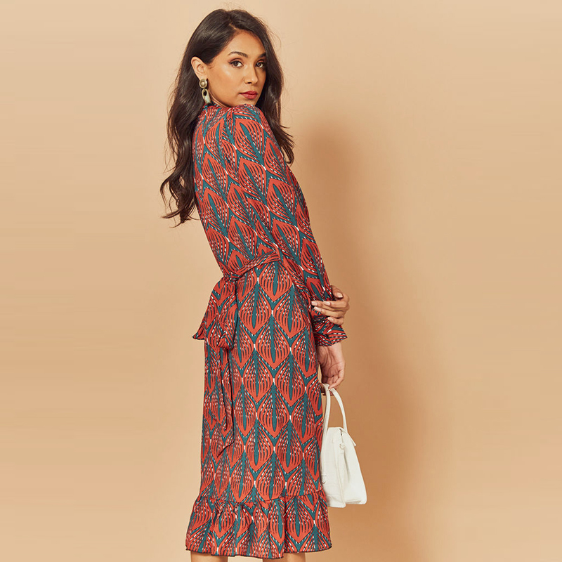 2020 New Women Print Ruffle Dress Spring Autumn Lantern Long Sleeve V Neck Midi Dresses Causal Sashes Ladies Irregular Hem Dress