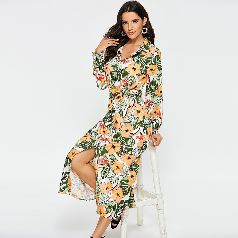 Dress Women Vintage Floral Print Casual Turn Down Collar Shirt Dress Long Sleeve Elegant Sashes Office Dresses Autumn Long Dress