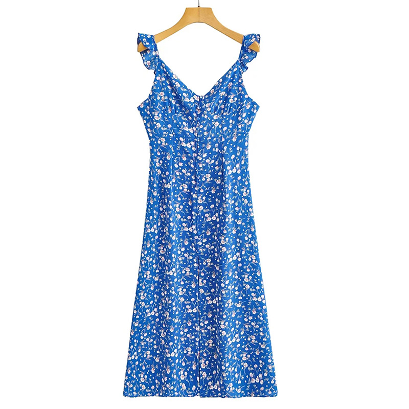 Women Casual Floral Printed Front Split Midi Dress Chic V Neck Ruffled A Line Dress Ladies Beach Party Dress Vestidos