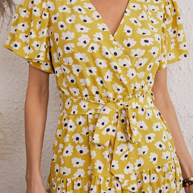 Summer Casual Floral Printed Long Maxi Dress Women Butterfly Short Sleeve Dress Female A Line Dresses With Sashes