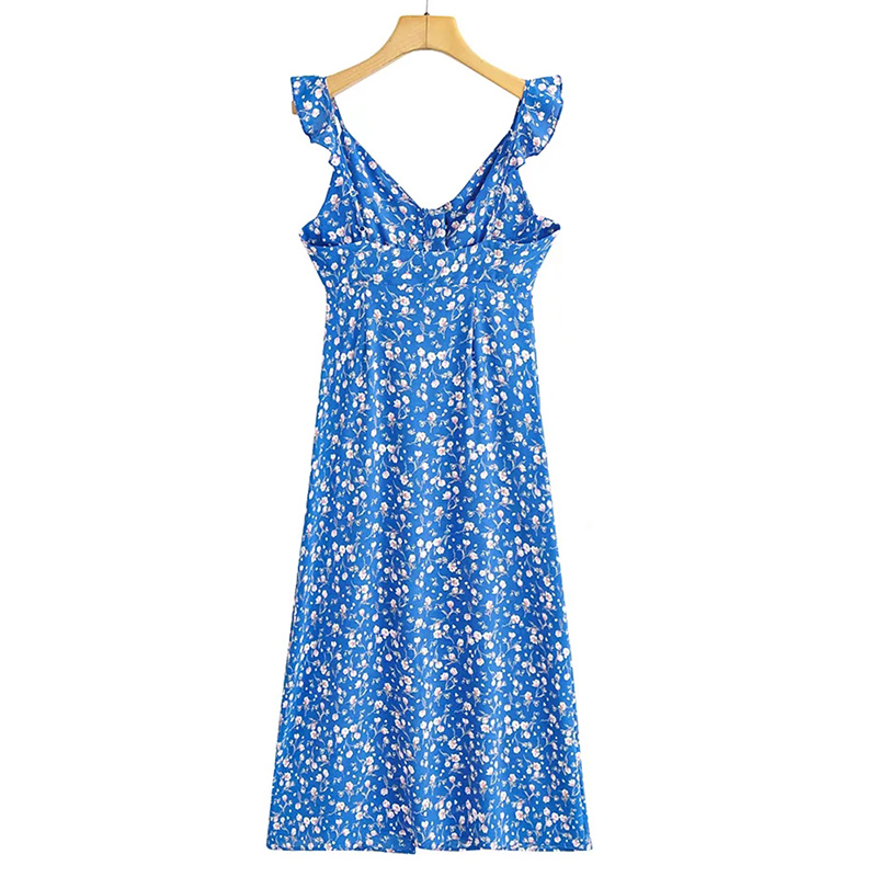 Women Casual Floral Printed Front Split Midi Dress Chic V Neck Ruffled A Line Dress Ladies Beach Party Dress Vestidos