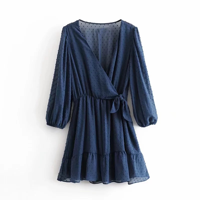 2020 Summer Women Ruffles Lace Chiffon Dress Boho Mini Beach Dress Three Quarter Sleeve Ladies Party Dresses Vestido