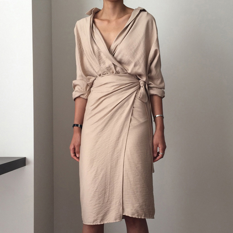 Chic V Neck Wrap Dress Women Solid Long Sleeve Elegant Office Ladies Dresses 2020 Vintage Midi Dress Vestidos Mujer