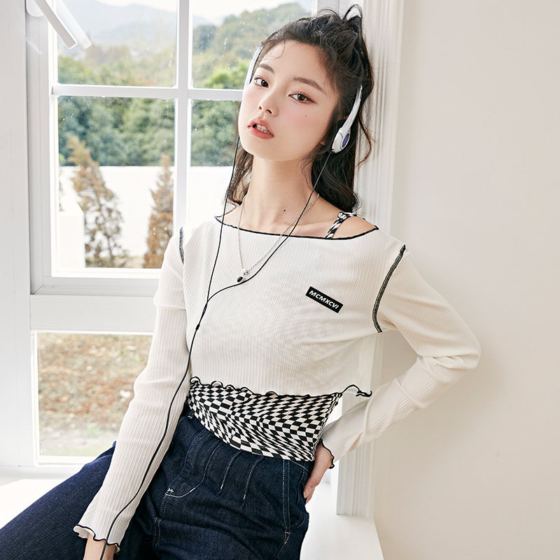 three Semir T-Shirt Women Short Long-Sleeved Pullover Checkerboard Sweet And Cool 2022 Spring New Slim Two-Piece Design Sense
