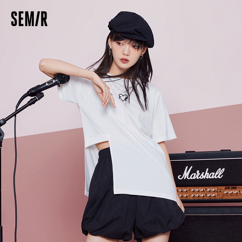 five SEMIR Short-Sleeved T-Shirt Women Love Irregular Show Legs Long Sweet And Cool 2022 Summer New Loose Embroidery Top Niche