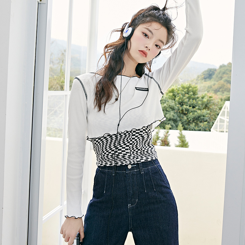 three Semir T-Shirt Women Short Long-Sleeved Pullover Checkerboard Sweet And Cool 2022 Spring New Slim Two-Piece Design Sense