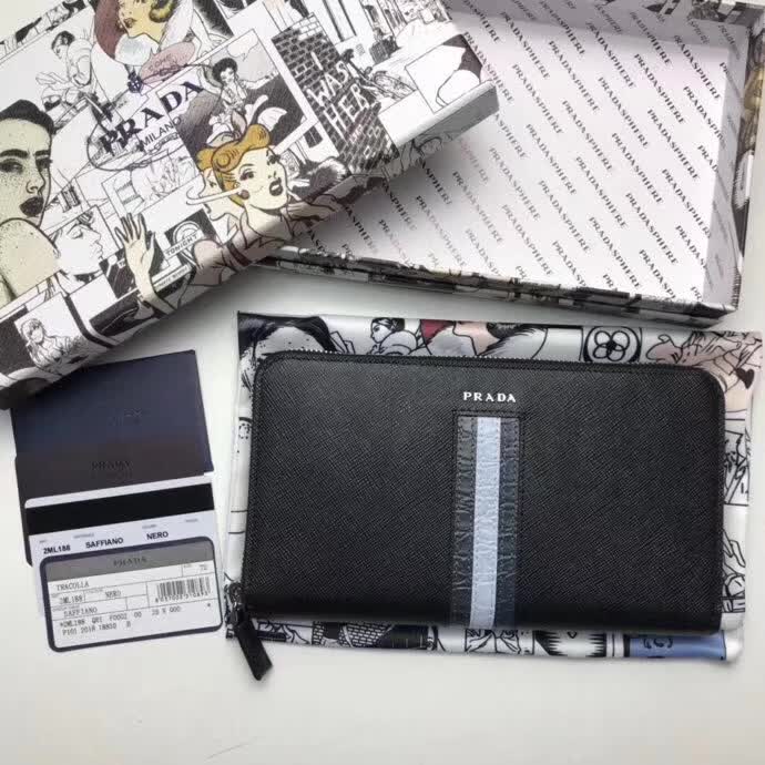 【原版皮】普拉达/Prada 拉链钱夹,选用十字纹小牛皮镶嵌彩带鳄鱼纹裁制而成,经典之作,简单时尚,款号:2ML188
