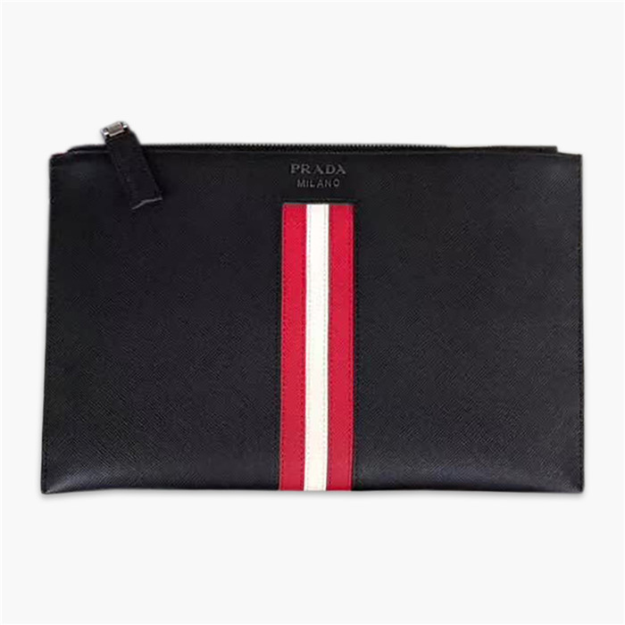 【原版皮】普拉达/Prada 男士手包,选用十字纹小牛皮镶嵌彩带皮革裁制而成,经典之作,简单时尚,款号:2NG005