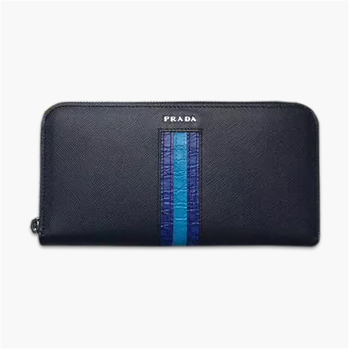 【原版皮】普拉达/Prada 拉链钱夹,选用十字纹小牛皮镶嵌彩带鳄鱼纹裁制而成,经典之作,简单时尚,款号:2ML317