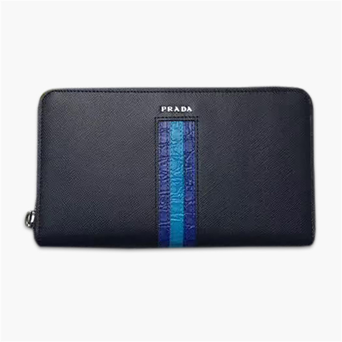 【原版皮】普拉达/Prada 拉链钱夹,选用十字纹小牛皮镶嵌彩带鳄鱼纹裁制而成,经典之作,简单时尚,款号:2ML188
