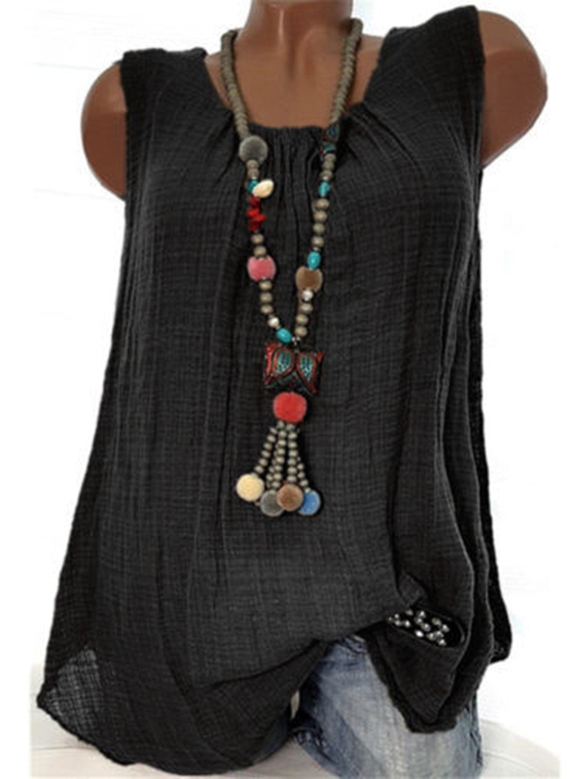 Women  Linen Causal Tops Round Neck Solid  Sleeveless Tanks