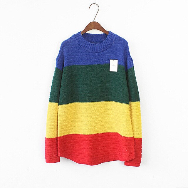 Loose Knitwear Full Sleeve High Collar Rainbow Pullover