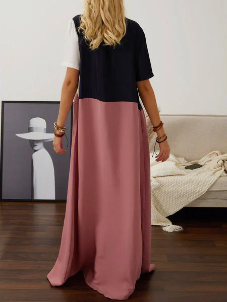 Crew Neck Brown Women  Shift Beach Cotton-Blend Shift Color-block,Leather-paneled Dresses