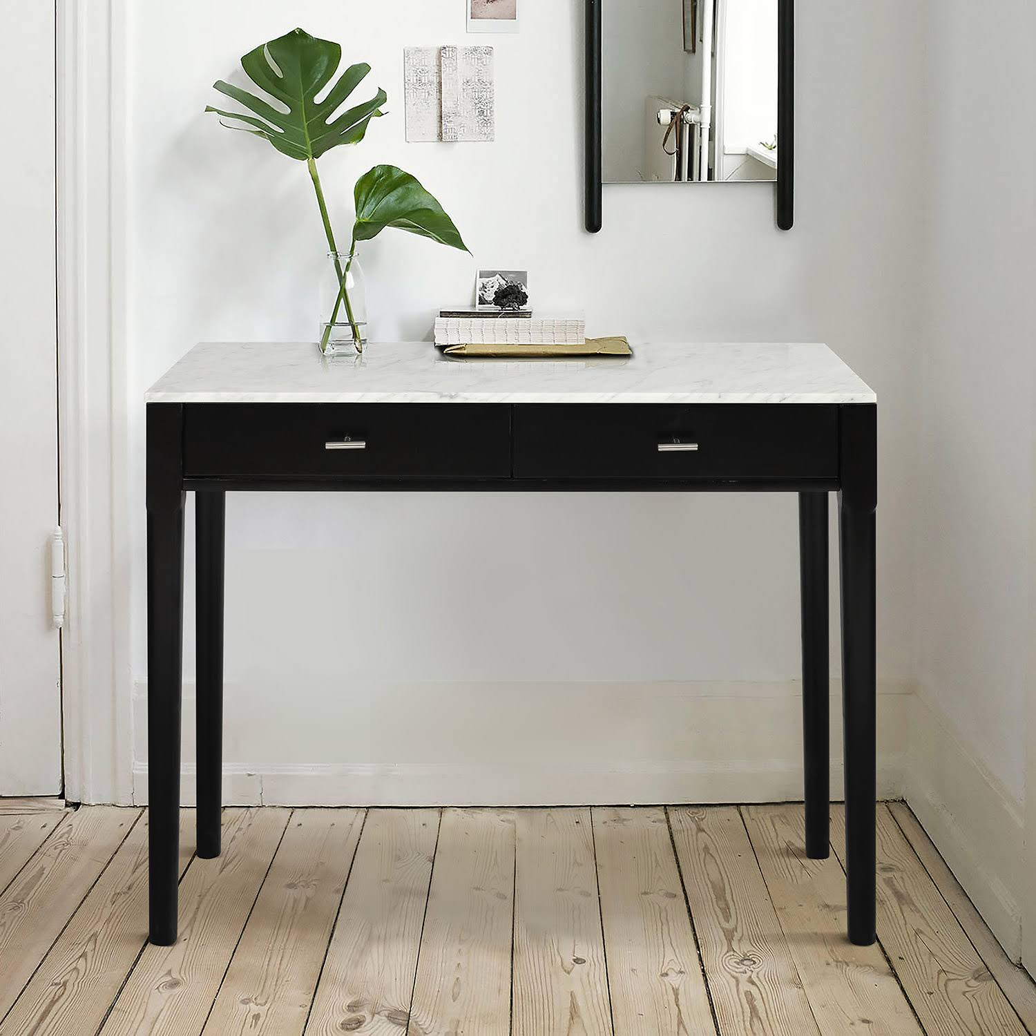Meno 36x22 Rectangular Italian Carrara White Marble Console Table with Legs - Oak