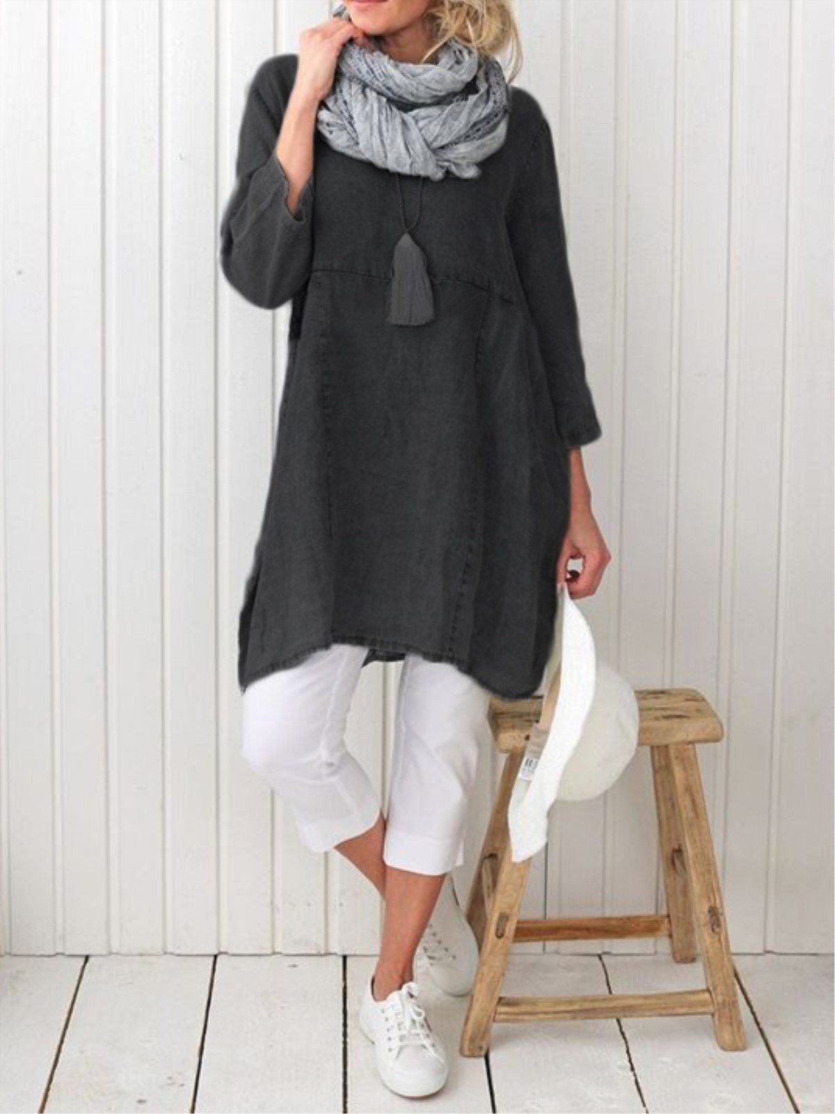 Plus Size Casual Plain Long Sleeve Linen Dress