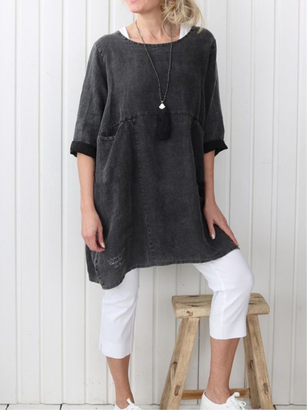 Plus Size Casual Plain Long Sleeve Linen Dress