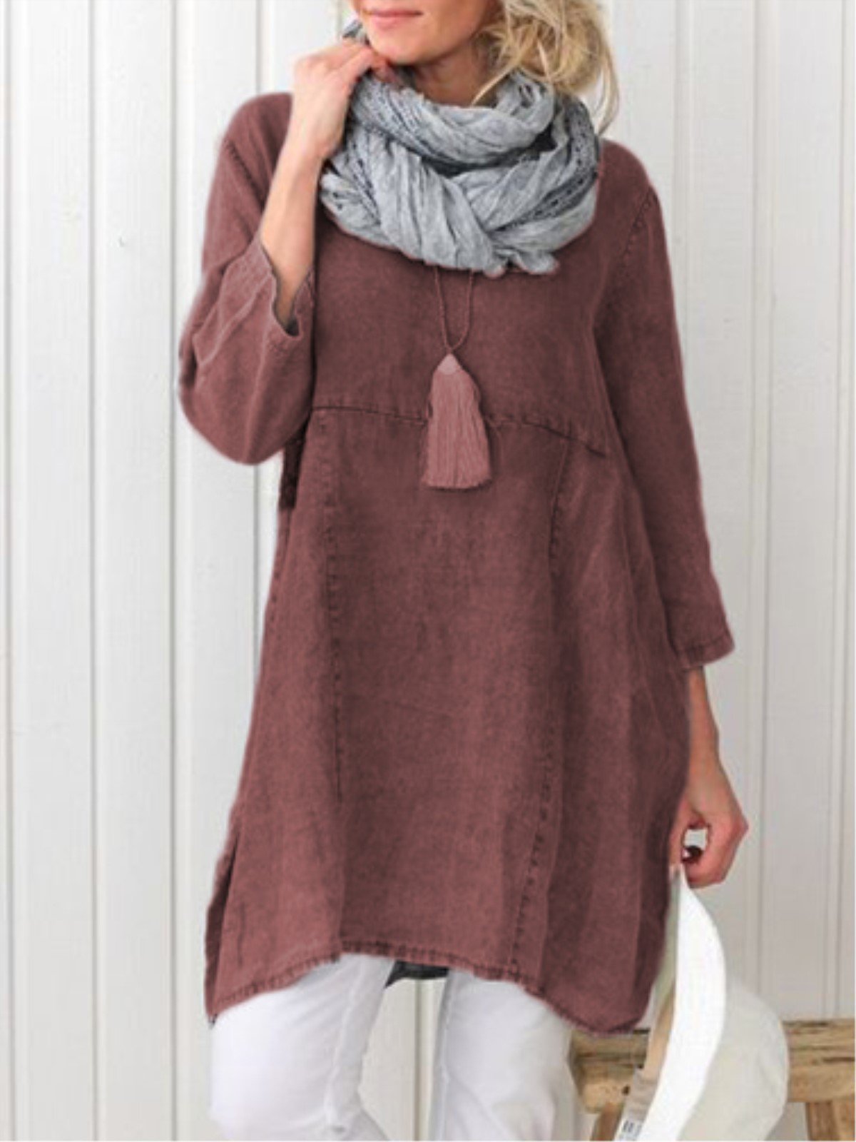 Plus Size Casual Plain Long Sleeve Linen Dress