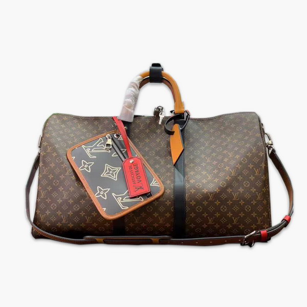 【原版皮】路易威登/LV Keepall 50旅行袋,Monogram Eclipse帆布包身搭配卷标和点缀Monogram图案的可拆卸拉链袋,机舱行李尺寸,内含充裕空间,与绅士优雅随行,款号:M56855
