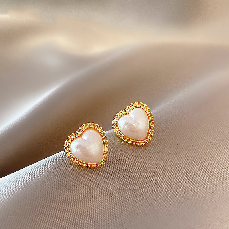 韩国S925银针小清新耳环百搭气质心形珍珠耳饰个性防过敏耳钉批发