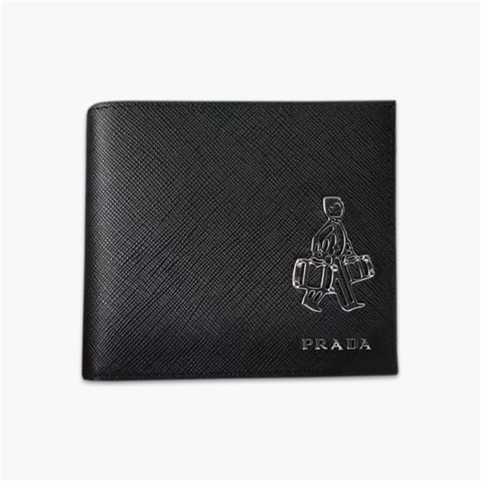 【原版皮】普拉达/Prada 短款钱夹,选用十字纹小牛皮裁制而成,边角点缀小公仔标识,经典之作,简单时尚,款号:2M0513