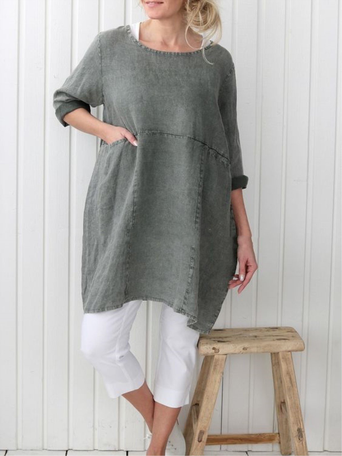 Plus Size Casual Plain Long Sleeve Linen Dress