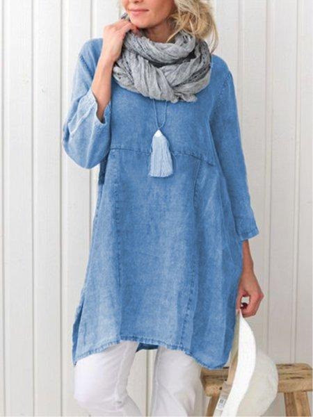 Plus Size Casual Plain Long Sleeve Linen Dress