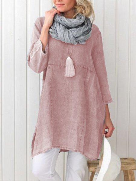 Plus Size Casual Plain Long Sleeve Linen Dress