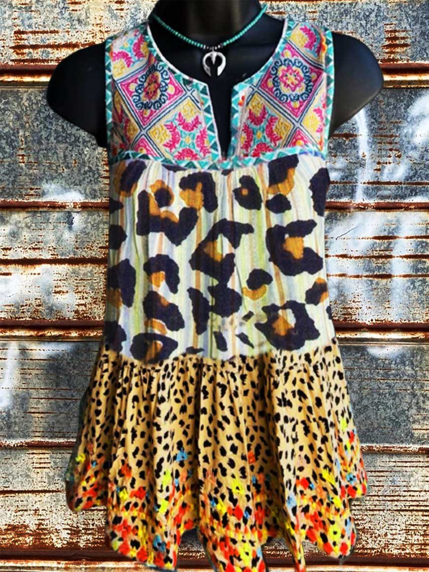 Casual Leopard Cotton-Blend A-Line Shirts & Tops