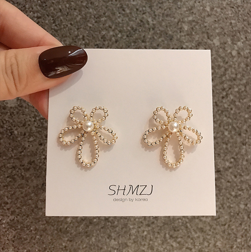 韩国S925银针小清新耳环百搭气质心形珍珠耳饰个性防过敏耳钉批发