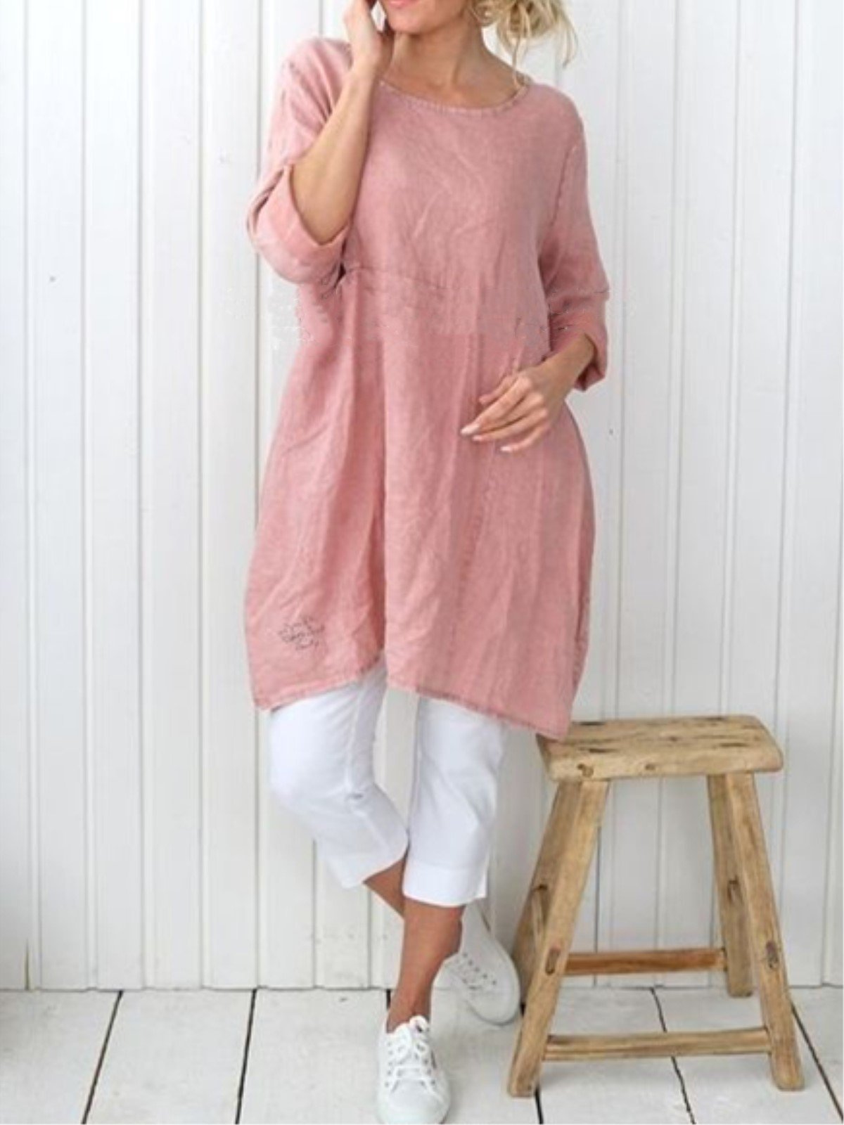 Plus Size Casual Plain Long Sleeve Linen Dress
