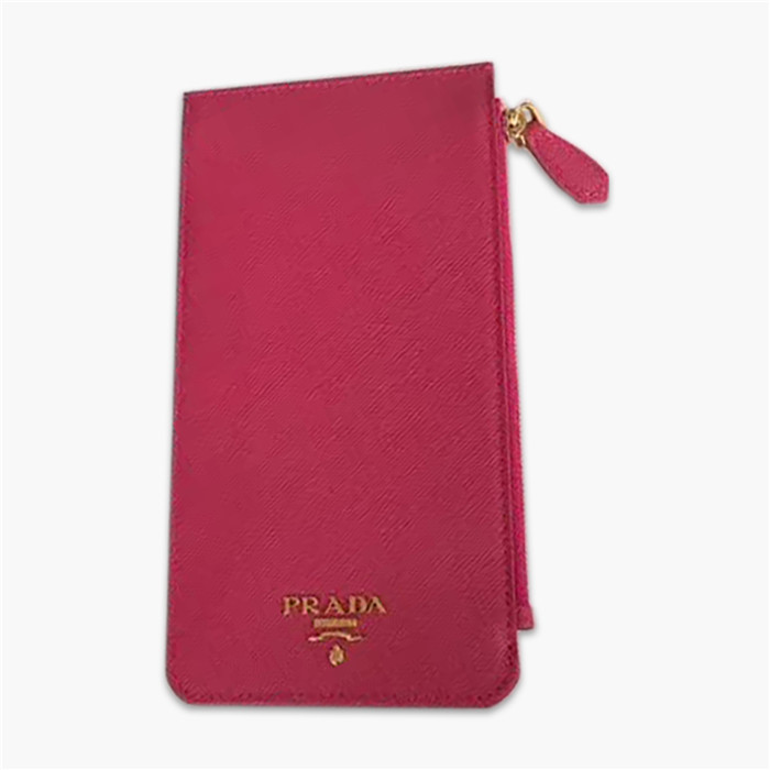【原版皮】普拉达/Prada 卡包,男女通用款,选用十字纹牛皮裁制而成,点缀金色散字唛徽标,超大容量