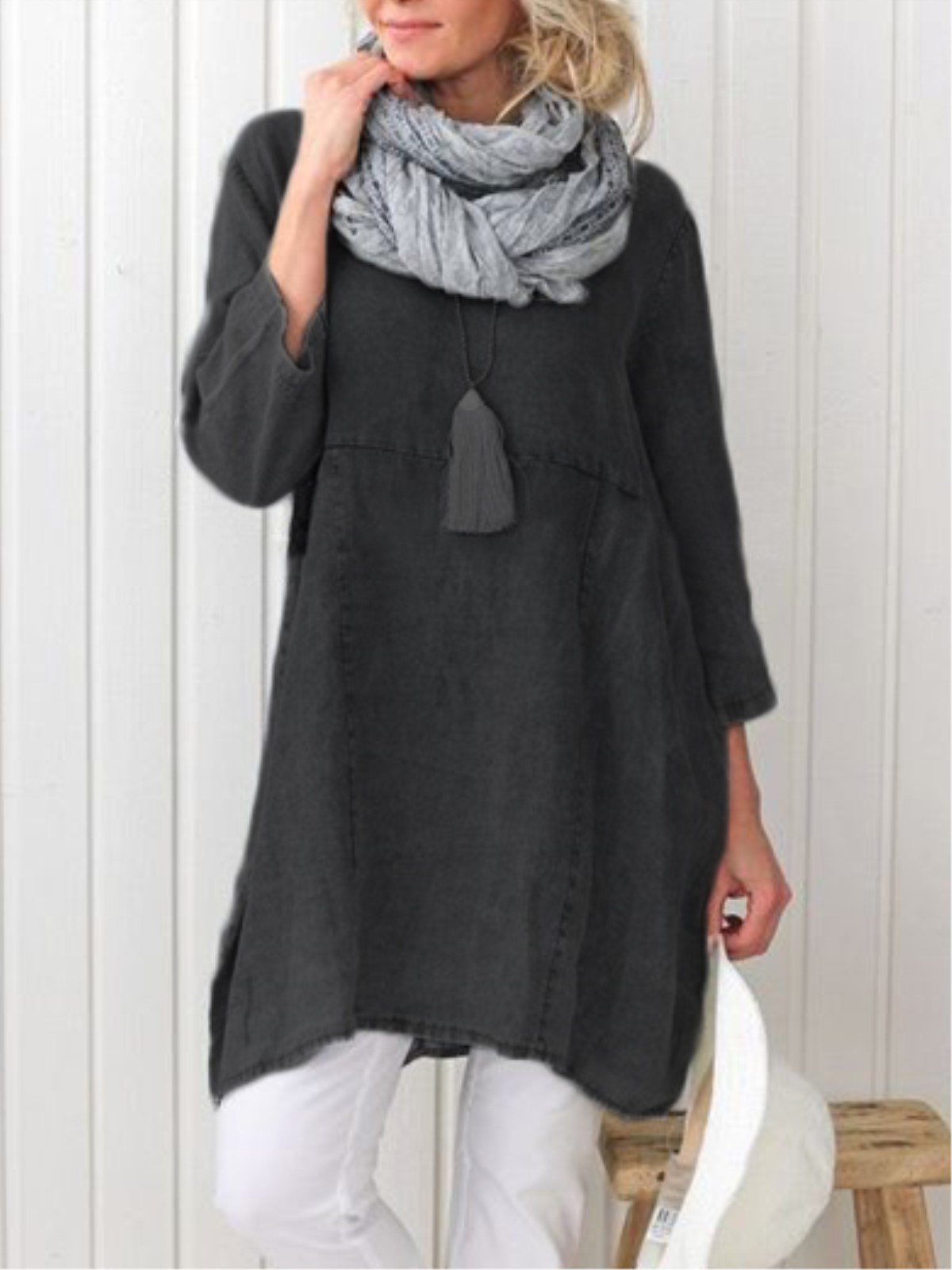 Plus Size Casual Plain Long Sleeve Linen Dress