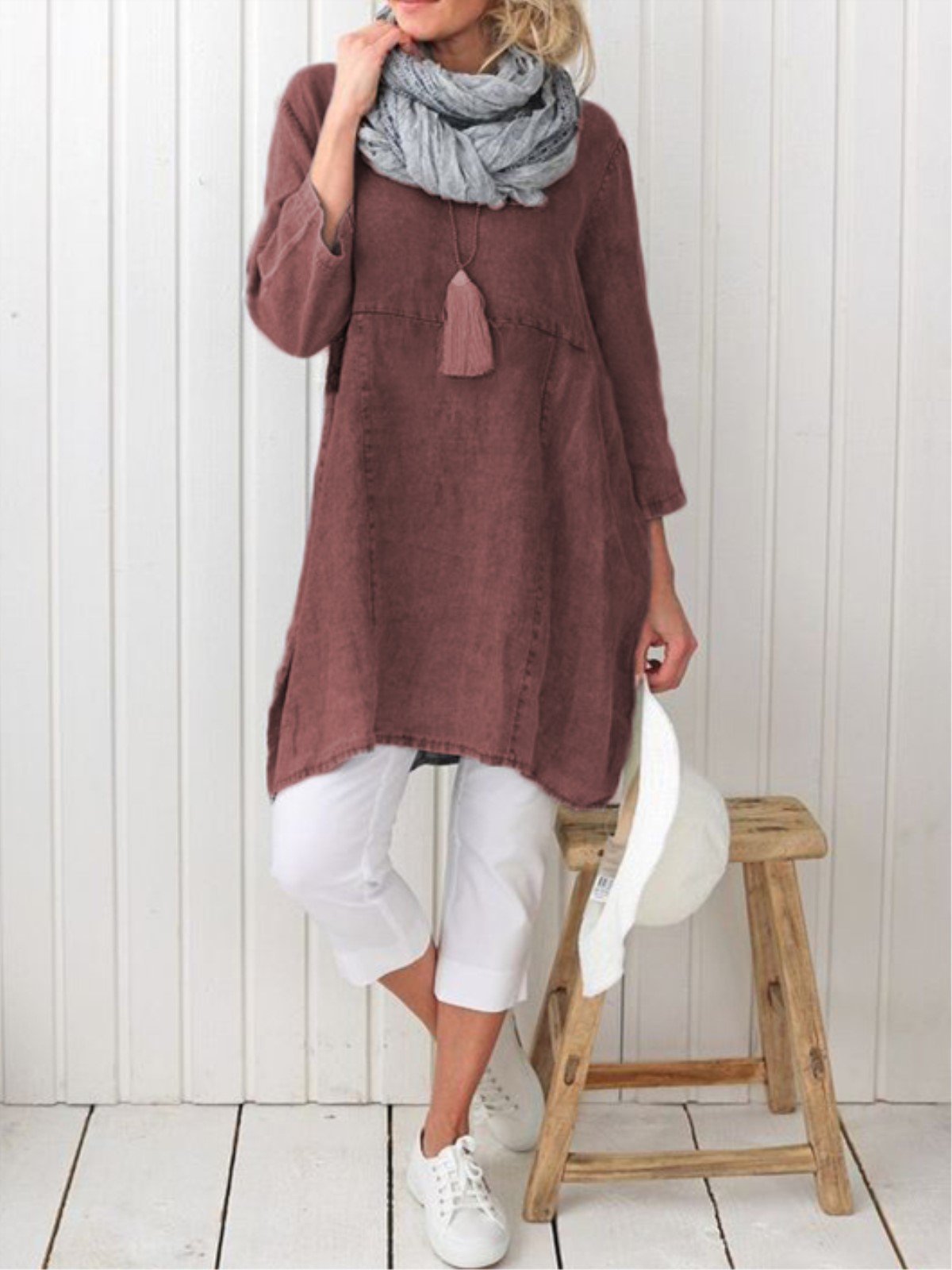 Plus Size Casual Plain Long Sleeve Linen Dress